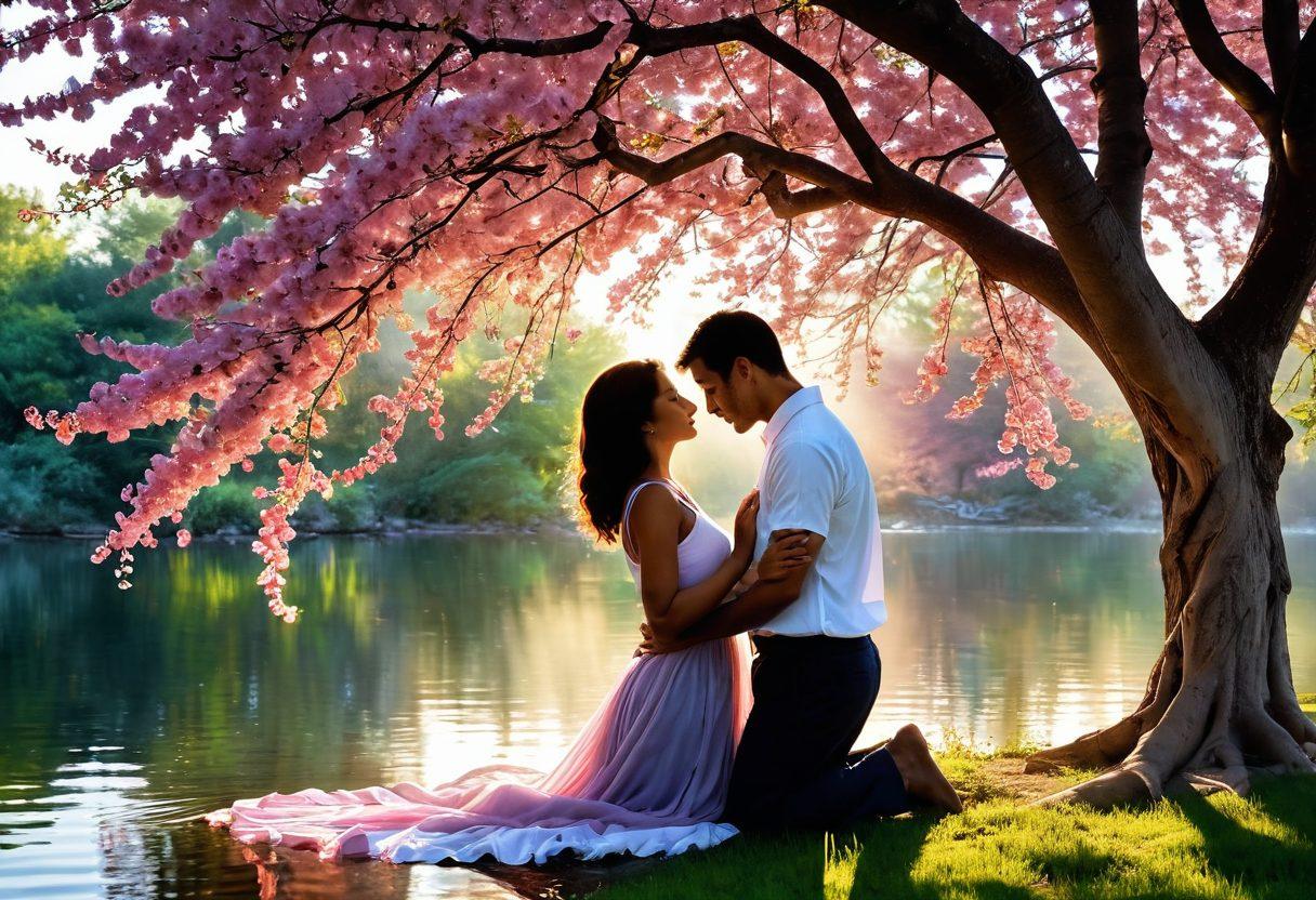 A serene scene depicting two people engaging in a warm embrace under a blossoming tree, symbolizing the transformation of relationships. Soft sunlight filters through the leaves, casting gentle shadows, while vibrant flowers bloom around them, representing affection. Include a backdrop of flowing water, indicating the flow of knowledge into experience. The colors should be soft and inviting, evoking feelings of love and connection. super-realistic. vibrant colors. natural setting.