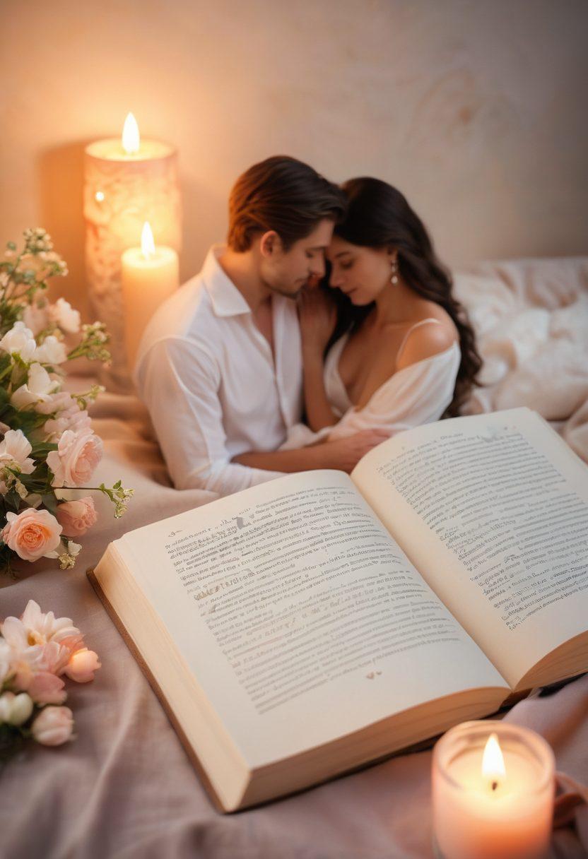 A serene and elegant setting featuring a diverse couple embracing in a warm, intimate moment, surrounded by soft candlelight and delicate flowers. Subtle symbols of empowerment, like a journal and heart-shaped stones, are intertwined in the scene. The atmosphere should evoke tranquility and connection, emphasizing sexual wellness and emotional intimacy. dreamy and soft focus. pastel colors. warm tones.